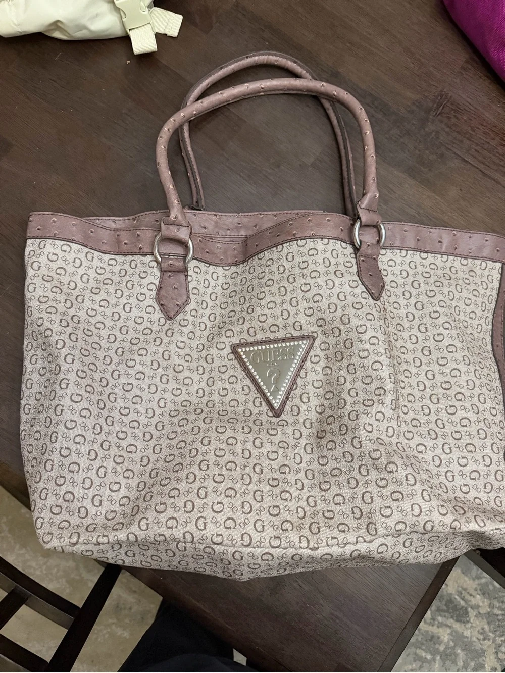 Guess Beige and Dusty Pink Logo-Print Tote